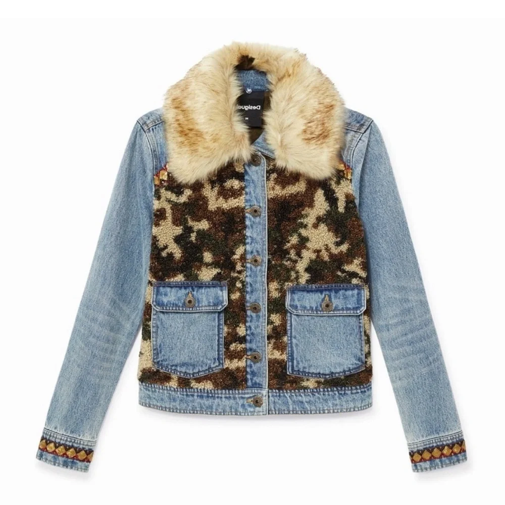 Desigual Denim Camouflage Jean Jacket with Faux Fur XL - Picture 2 of 15